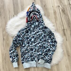 BAPE A Bathing Ape Blue Camo Shark Full Zip Hoodie Large